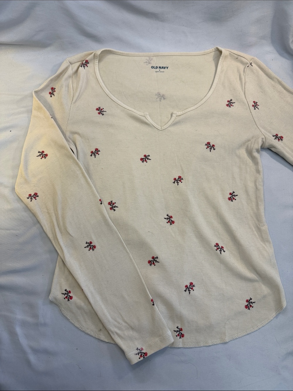 Old Navy Cream Long-Sleeve Ribbed Top with Small Red Floral Embroidery